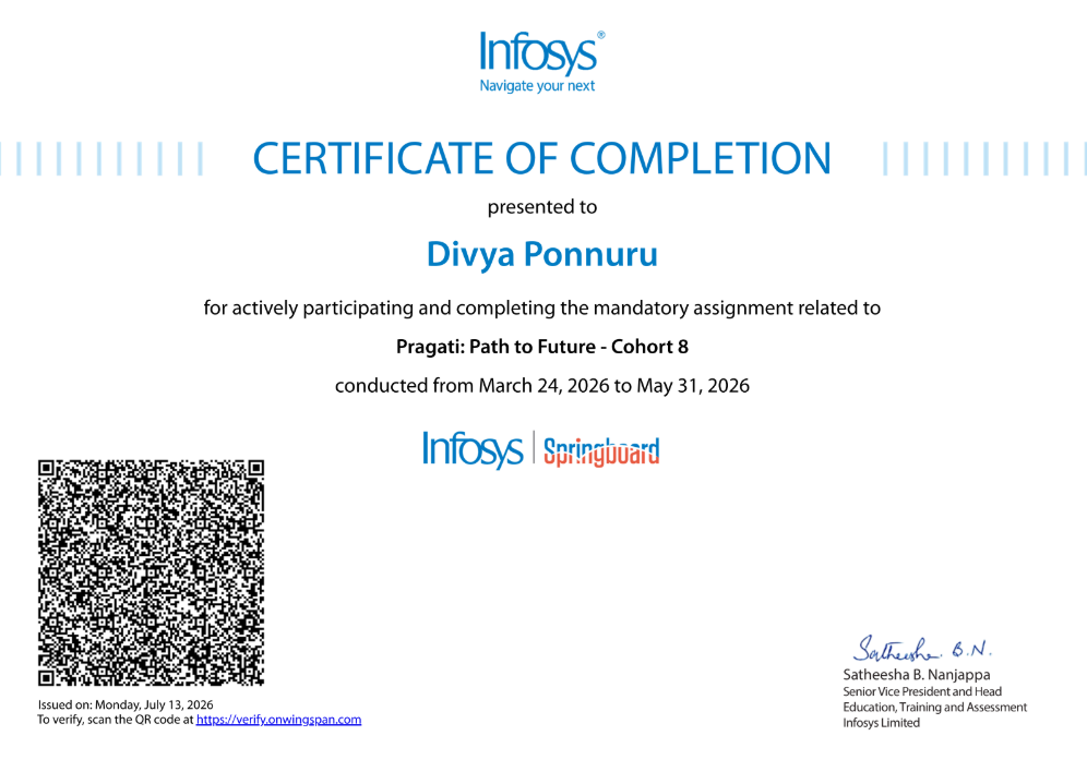 Infosys Springboard Pragati Cohort 8 Certificate
